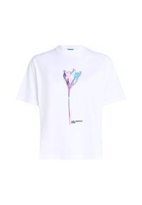 Witte t-shirt met een multicolor bloemenafbeelding in roze en blauw, met de tekst "KARL LAGERFELD JEANS" onderaan. Korte mouwen.