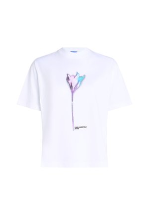 Biela tričko s multicolor grafickým motívom kvetu v ružovej a modrej farbe, s textom "KARL LAGERFELD JEANS" na spodnej časti. Krátke rukávy.