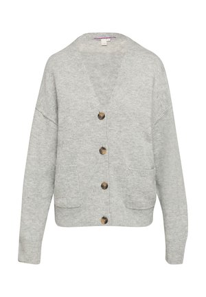 Grau gestrickte Strickjacke mit V-Ausschnitt, vorderen Taschen und braunen Knöpfen. Eigenschaften sind überschnittene Schultern und eine lockere Passform. Weiche Textur.