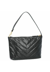Sac à main en cuir noir avec un motif en Chevron, texture lisse, bandoulière et accents en doré. Fermeture éclair sur le dessus.