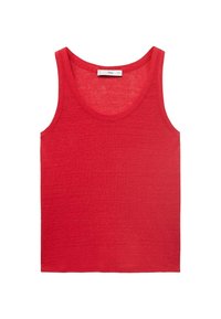 Red sleeveless tank top made of lightweight fabric, featuring a round neck and a simple, smooth texture without patterns or embellishments.