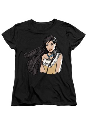 Black t-shirt featuring a stylized graphic of a woman with long hair, wearing a necklace and a beige outfit, illustrated in bold lines.