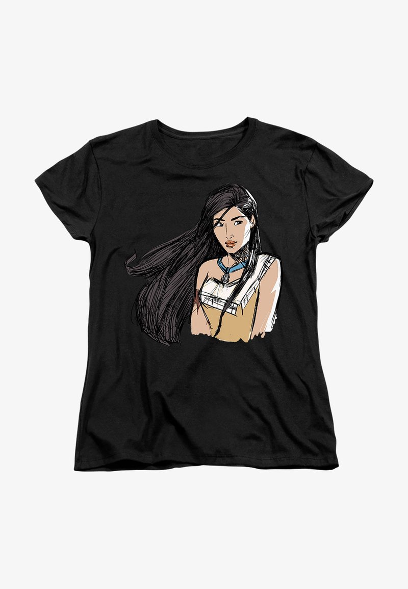 Black t-shirt featuring a stylized graphic of a woman with long hair, wearing a necklace and a beige outfit, illustrated in bold lines.