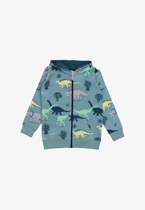 Reißverschluss-Hoodie aus türkisem Stoff mit Dinosaurier- und Blattdrucken in verschiedenen Farben. Verfügt über eine Vordertasche und gerippte Bündchen.