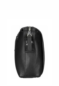 Schwarze Lederhandtasche mit strukturierten Oberflächen, Reißverschluss und silbernen Beschlägen. Sie hat abgerundete Kanten und eine kompakte rechteckige Form.