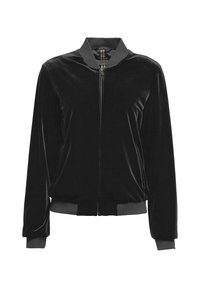 Czarna aksamitna kurtka bomberka z przednim zamkiem błyskawicznym, ściągaczami przy rękawach i kołnierzu. Gładka tekstura i luźny fason, odpowiednia do codziennego noszenia.