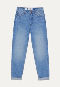 Ljusblå denimjeans med avskärmad passform, som har en uppvikt nederdel, bälteshällor och klassisk femficksdesign. Sömmarna kontrasterar i färg.