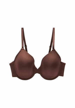 Smeđi push-up grudnjak s glatkom tkaninom, potporom žice, podesivim trakama i kopčanjem na kukicu; bešavne kape s konturama.