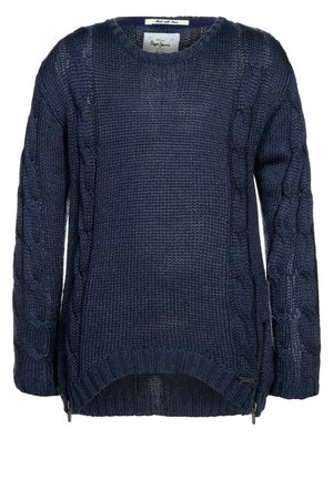 Donkerblauwe grofgebreide trui met kabelpatronen op de mouwen, ronde hals, geribbelde zoom en zijritsen.