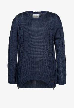 Granatowy, gruby sweter dziany ze wzorami warkoczy na rękawach, okrągłym dekoltem, prążkowanym dołem i bocznymi zamkami.