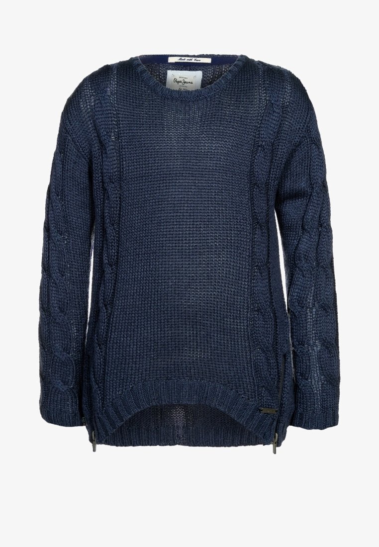 Pull en maille épaisse bleu marine avec motifs torsadés sur les manches, col rond, ourlet côtelé et fermetures éclair latérales.