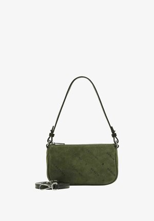 Green suede shoulder bag with a detachable strap. Features embossed text design and zipper closure. Rectangular shape with smooth texture.