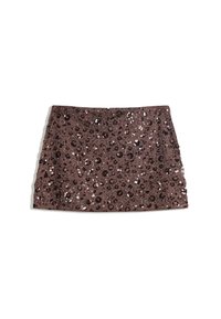 Bruine pailletten mini-rok met een aansluitend ontwerp, bedekt met pailletten van verschillende groottes en een gladde textuur, met een elastische tailleband.