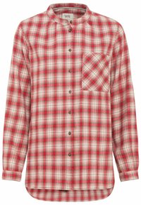 Chemise à carreaux rouge et crème à manches longues avec col mandarin, boutonnée à l'avant et une poche poitrine. Tissu doux avec une coupe décontractée.