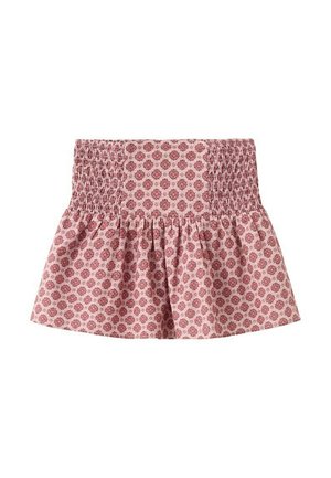 Jupe rose avec un motif floral rouge, taille élastiquée froncée et tissu froncé pour une silhouette évasée.