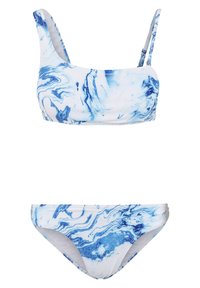 Dvodijelni bikini s mramornim uzorkom u plavoj i bijeloj boji. Gornji dio ima podesive naramnice; donji dio ima klasičan kroj i minimalnu pokrivenost.
