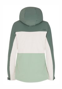 Veste à capuche avec un design en blocs de couleurs vert foncé, blanc cassé et vert clair. Fabriquée en matériau lisse et résistant à l'eau.