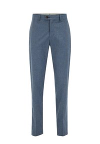 Blauwe op maat gemaakte broek van een gestructureerde stof. Heeft een knoopsluiting, zijzakken en een rechte pasvorm.