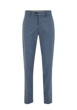 Blaue maßgeschneiderte Hose aus strukturiertem Stoff. Mit Knopfverschluss, seitlichen Taschen und einem geraden Schnitt.