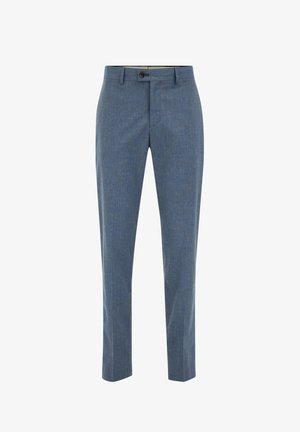 Sinised kohandatud püksid, mis on valmistatud tekstuuriga kangast. Omavad nup closure, küljetaskuid ja sirget lõiget.