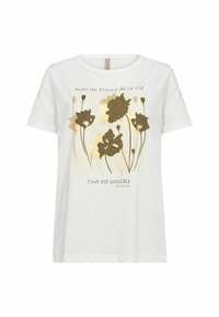 T-shirt bianco in cotone con stampa floreale dorata e testo. Maniche corte, scollo rotondo, vestibilità rilassata e texture liscia.
