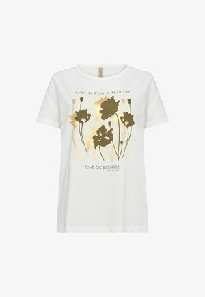 White cotton t-shirt featuring gold floral print and text. Short sleeves, round neckline, relaxed fit, and smooth texture.