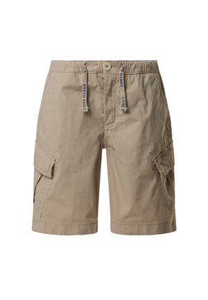 Pantalones cortos cargo beige con cintura elástica, cierre de botón, cordones etiquetados como "North Sails" y bolsillos con solapa a cada lado.