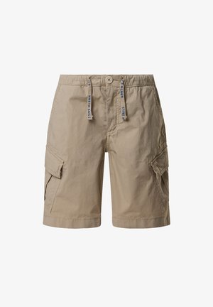 Shorts cargo beiges avec taille élastique, fermeture par bouton, cordons de serrage étiquetés "North Sails" et poches à rabat de chaque côté.