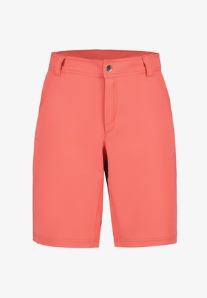 Korálové krátké kalhoty vyrobené z lehké tkaniny, s hladkým povrchem, se zipem a poutky na opasek. Jednoduchý design bez viditelných vzorů nebo akcentů.