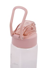 White plastic water bottle with a pink lid, featuring a transparent flip-top spout and textured grip on the lid for easy handling.