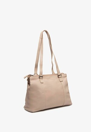 Borsa a mano in pelle beige con doppi spallacci, chiusura superiore con zip e dettaglio di cuciture minimali.