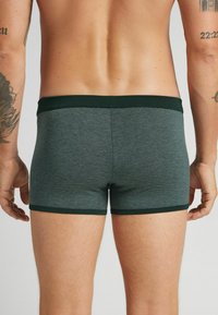 Grårandiga boxerkalsonger med en mörkgrön elastisk midja. Tyg med textur, kroppsformande design som visar släta linjer och minimala sömmar.