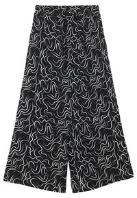 Černé široké kalhoty s vlnitým bílým vzorem, s elastickým pasem a stahovací šňůrkou, vyrobené z měkké látky.