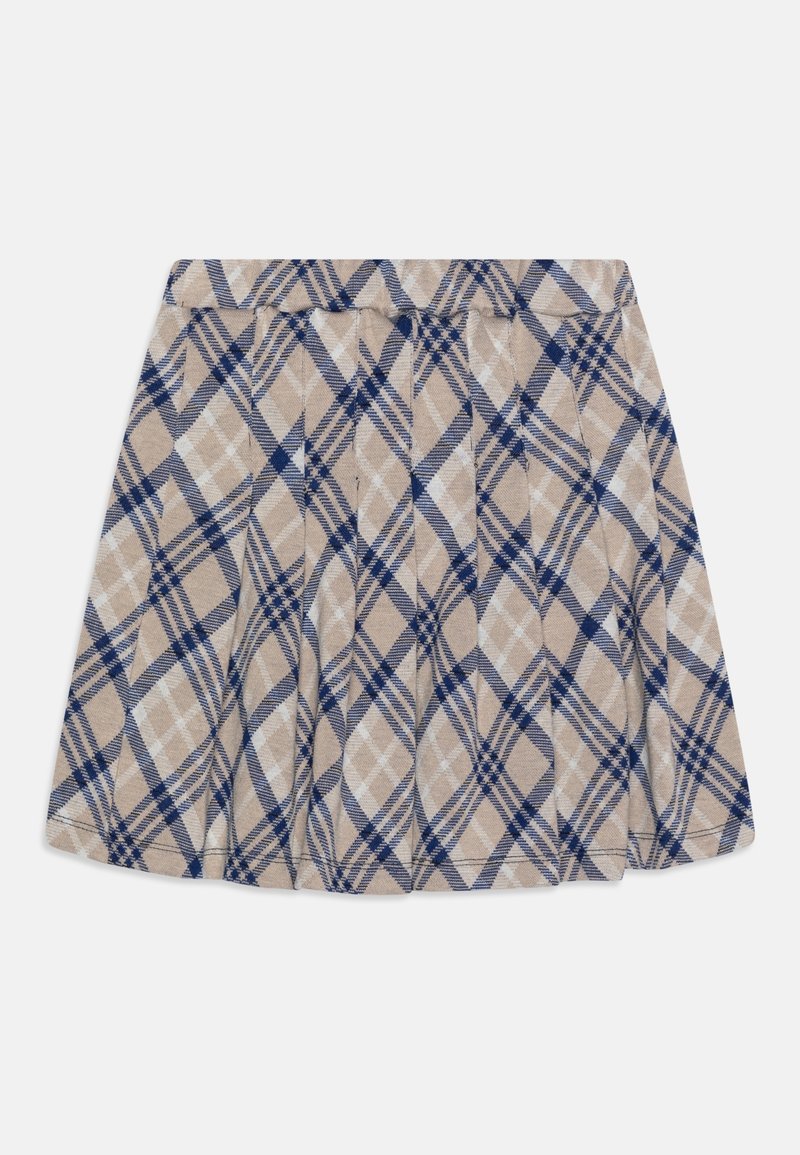 Jupe à carreaux en beige, bleu marine et blanc. Présente un design plissé, une taille élastique et un tissu doux et texturé avec un motif à carreaux.