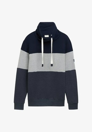 Granatowa i szara bluza z kapturem w kolorowe blokowanie, z wysokim kołnierzem, sznurkami ściągającymi i ribbami na mankietach. Miękka bawełniana tkanina o luźnym kroju.