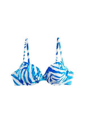 Haut de bikini rayé bleu et blanc avec bretelles ajustables et armatures, présenté sur un fond blanc uni.