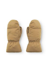 Beige isolierte Handschuhe mit glatter, gepolsterter Oberfläche, elastischen Bündchen und einem dezenten, geprägten Logo auf einer Seite.