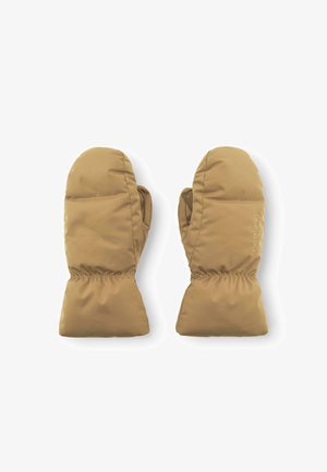 Beige isolierte Handschuhe mit glatter, gepolsterter Oberfläche, elastischen Bündchen und einem dezenten, geprägten Logo auf einer Seite.