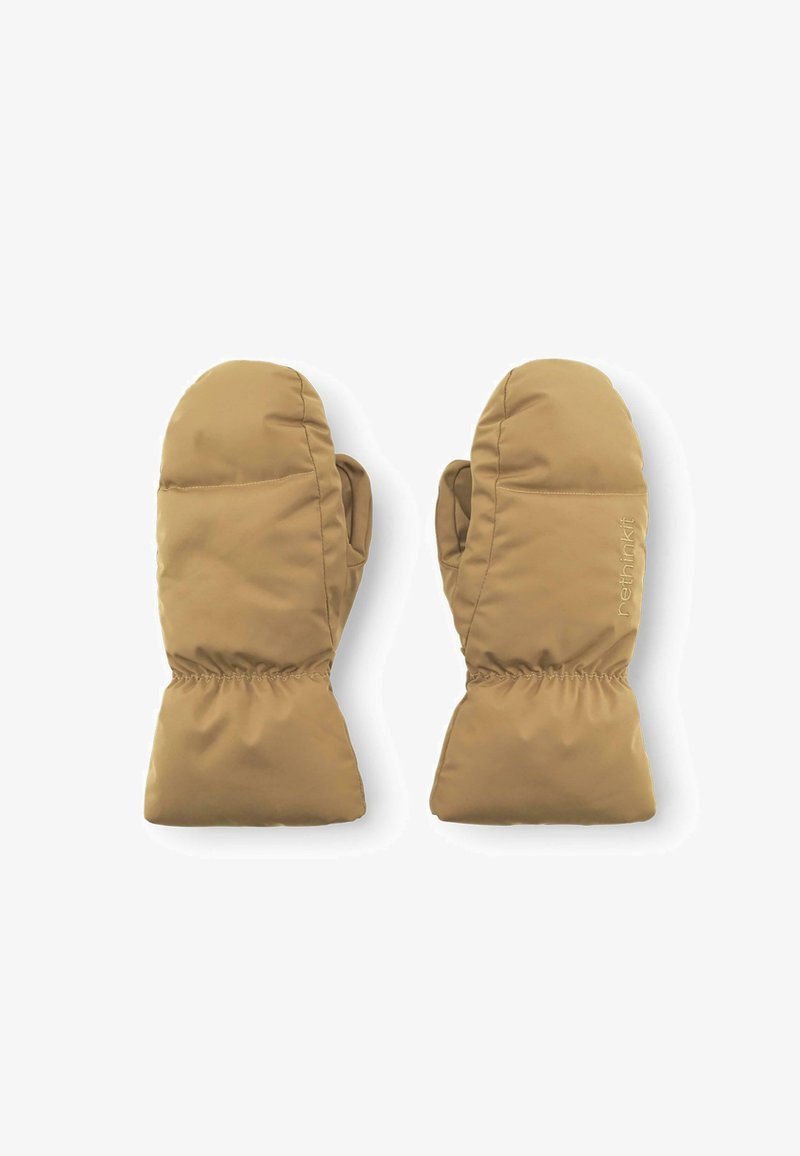 Beige isolierte Handschuhe mit glatter, gepolsterter Oberfläche, elastischen Bündchen und einem dezenten, geprägten Logo auf einer Seite.