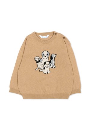Maglione beige per bambini con motivo lavorato a maglia di quattro diversi cuccioli sulla parte anteriore e due bottoni marroni sulla spalla sinistra.