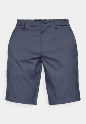 Mörkblå shorts i lättviktsmaterial, med knappstängning, bältesloopar och vikta fållar. Slät textur, skräddarsydd design.