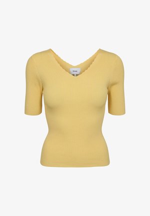 Gul kortærmet ribbet top med en bølget V-hals og tætsiddende silhuet, vist på en hvid baggrund.