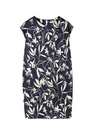 Granatowa sukienka z kwiatowym wzorem w jasnym kolorze. Krótkie rękawy, okrągły dekolt i prosty krój. Wykonana z lekkiego materiału.