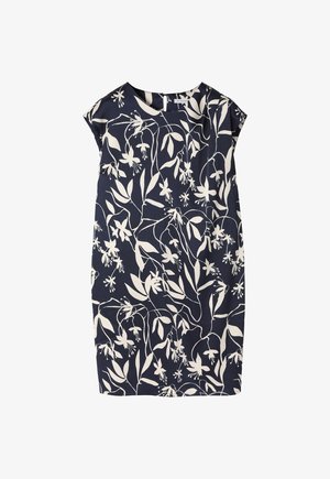 Mørkeblå kjole med et blomstermotiv i off-white. Korte ærmer, rund halsudskæring og en lige silhuet. Lavet af letvægtsstof.