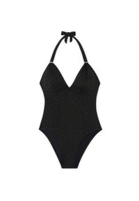 Black one-piece swimsuit with a textured diamond pattern, halter neck tie, and contrasting solid black side panels. V-neck design.