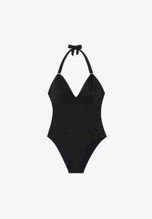 Sort en-dels badedragt med et struktureret diamantmønster, halterneck-bindebånd og kontrasterende ensfarvede sorte sidepaneler. V-udskæring.
