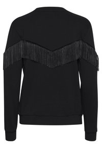 Černá mikina s třásňovým detailem přes horní část zad, dlouhými rukávy, žebrovanými manžetami a lemem, vyrobená z měkké tkaniny.