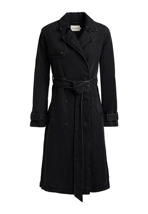 Mustast topeltlõhestatud trench-mantel vöökinnituse, sälguga krae, nööbitavate varrukasrihmade ja küljetaskutega, keskmise pikkusega stiil.