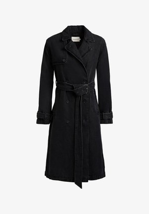 Zwarte dubbelgeknoopte trenchcoat met tailleriem, kraag met inkeping, knoopsluitingen aan de manchetten en zijzakken, mid-length stijl.