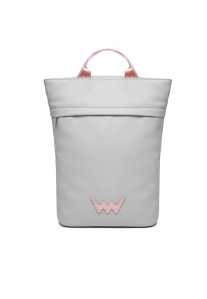 Gray leather backpack with a pink accent handle and logo. Features a top folding closure and a side zipper pocket. Smooth texture.